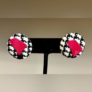 Vintage Pink Houndstooth Fabric Button Stud Earrings Geometric Retro Chic EUC